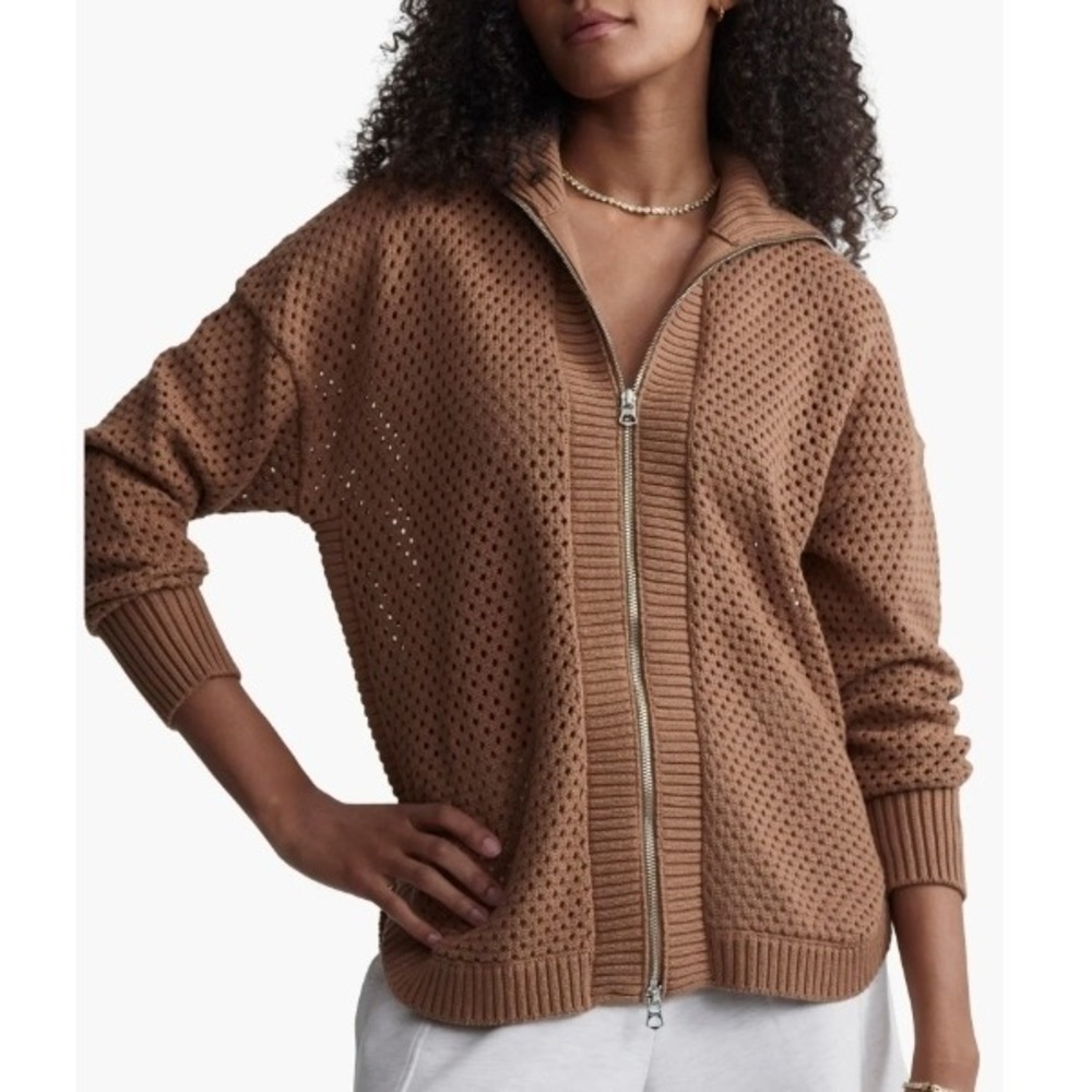 Varley Open Knit Full Zip Cardigan M Brown Athleisure Layering Quiet Luxury